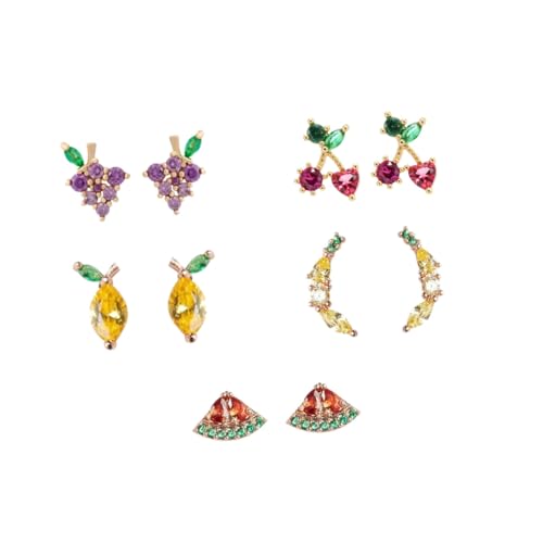 TOPPERFUN 5 Paare Frucht Themen Ohrstecker Silber Ohrringe mit Tropenfrüchten Zitrone Traube Wassermelone Herz Kirsche Damen Schmuckstücke für von TOPPERFUN