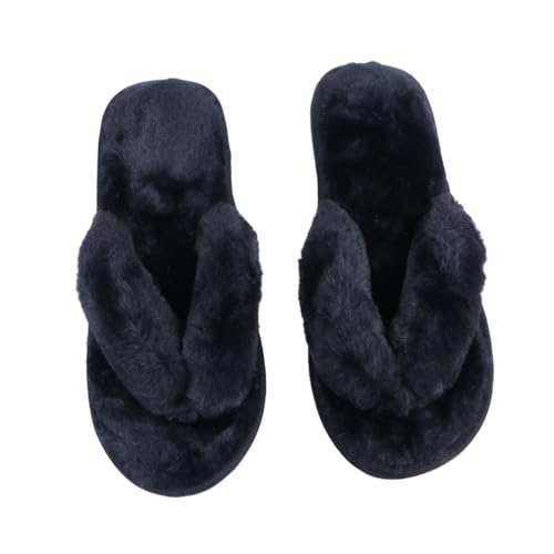 TOPPERFUN Antirutsch Baumwoll Hausschuhe Damen Winter Plüsch Flip flops Gepolstert Warm Komfortabel Schwarz Weiche Hauspantoffeln Gemütlich von TOPPERFUN