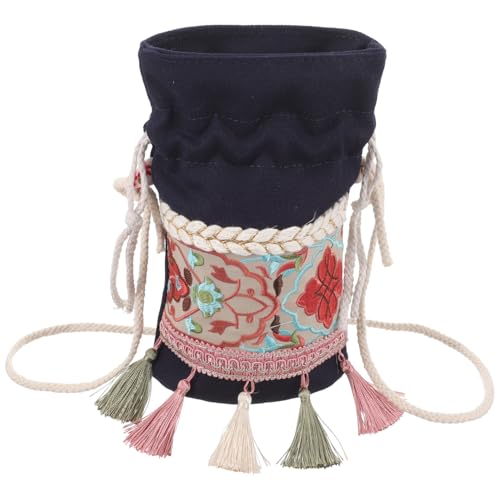 TOPPERFUN Boho Canvas Bucket Bag Damen Umhängetasche mit Blumenmuster Kordelzug Schultertasche Langlebige Crossbody Bag für Alltag und Geschenk Mittelgroß Blau von TOPPERFUN