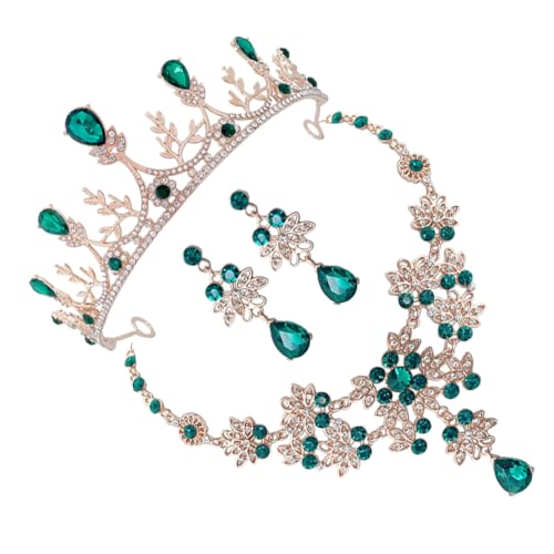 TOPPERFUN Brautschmuck Set Damen Kronen Halskette Ohrringe Schmuckset für Hochzeit Geburtstag Party Eleganter Schmuck mit Grünem Kronen-design Langlebig und Strahlend von TOPPERFUN