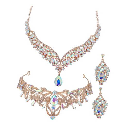 TOPPERFUN Brautschmuck Set Iridescent Kronen Halskette Ohrringe Strass Hochzeit Damen Mädchen Schmuckset Elegant für Brautjungfern Prom Party von TOPPERFUN