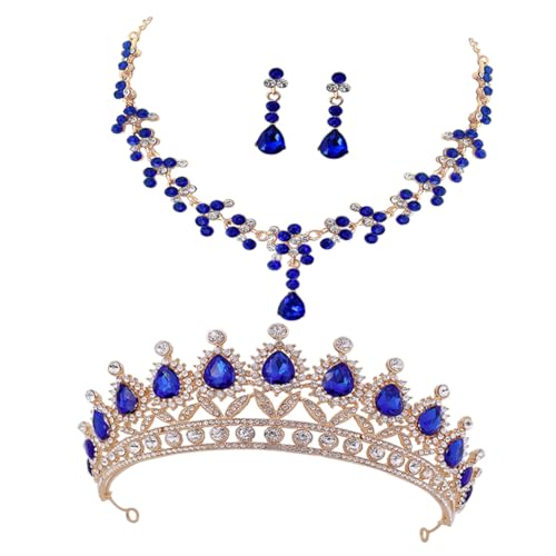 TOPPERFUN Brautschmuck mit Blauer Glanz Tiara Halskette und Ohrringen Funkelndes Strass Hochzeitsschmuck Damen Elegant und Komfortabel für Hochzeit Party und Festliche Anlässe von TOPPERFUN