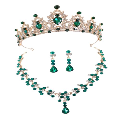 TOPPERFUN Brautschmuck mit Krone Halskette und Ohrringen in Grün Funkelnde Strasssteine Elegantes Hochzeitsschmuck Damen Langlebig und Vielseitig Kombinierbar von TOPPERFUN