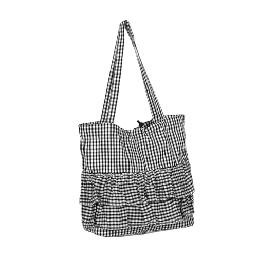 TOPPERFUN Checkered Canvas Tote Bag Damen Schultertasche mit Rüschen Großer Fassungsvermögen Modisch Bestickte Strandtasche für Alltag Arbeit und Reisen Schwarzes Design von TOPPERFUN