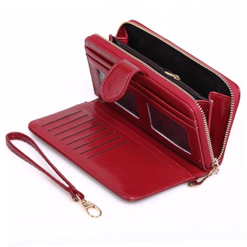 TOPPERFUN Damen Geldbörse aus ölgewachstem PU Material Mittelgroße Längliche Handtasche mit Reißverschluss und Druckknopf Stilvoller Kartenhalter und Münzfach für Alltag und Outdoor Einsatz von TOPPERFUN