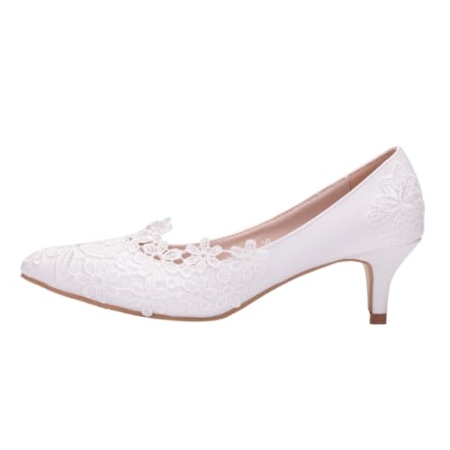 TOPPERFUN Damen Hochzeitsschuhe mit Absatz Weiße Spitze Pumps aus Langlebigem PU und Leicht und Komfortabel für Frühling und Sommer Festliche Anlässe und Brautkleider von TOPPERFUN