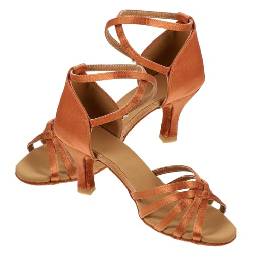 TOPPERFUN Damen Latin Tanzschuhe High Heels mit Schlangenhaut-Design Offene Zehen Absatz Goldfarbene Satin-Oberfläche Bequemes An Ausziehen für Tanz und Festliche Anlässe von TOPPERFUN