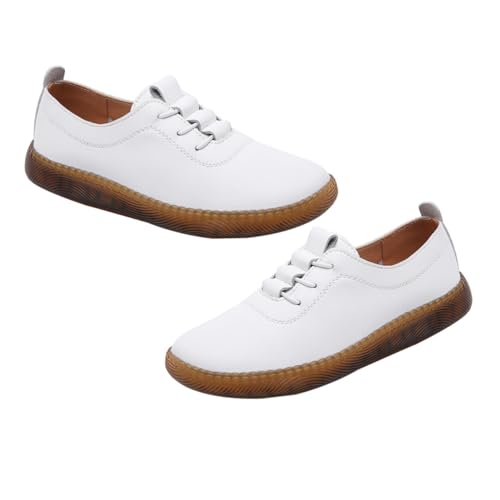 TOPPERFUN Damen Lederschuhe Freizeit Sneaker Leicht Atmungsaktiv Flachsohle Komfortabel Frühling Herbst Alltagsschuh Weiß von TOPPERFUN