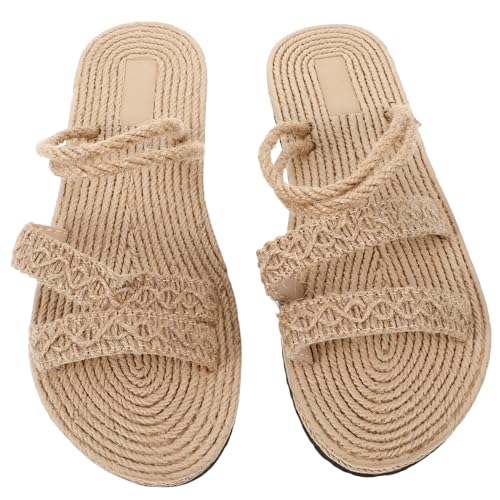 TOPPERFUN Damen Sandalen Flach mit Geflochtenem Bastsohle Modische Sommerschuhe für Strand und Freizeit Bequeme Flache Hausschuhe mit Stabiler Sohle Beige von TOPPERFUN