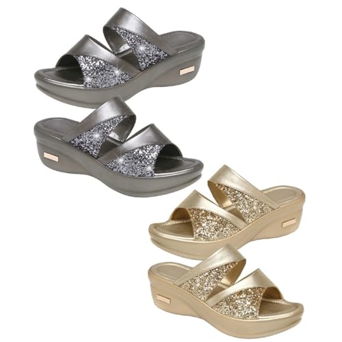 TOPPERFUN Damen Wedgesandalen Sommer Thicke Keilsohle Modische Offene Zehen Slipper Goldfarben Bequeme Outdoor Freizeitschuhe für Frauen von TOPPERFUN