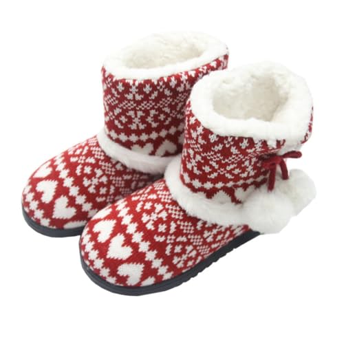 TOPPERFUN Damen Winter Hausschuhe Rutschfest Gefüttert Baumwolle Plüsch Schneestiefel Innen Warm Dicke Sohle Rot für Zuhause und Kalte Jahreszeit von TOPPERFUN