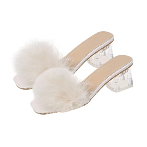 TOPPERFUN Flauschige Damen Slipper mit Grobem Blockabsatz Bequeme Leichte Hausschuhe für Sommer Modische Sandalen Passend zu Jeans und Röcken Rutschfest und Alltagstauglich Beige von TOPPERFUN