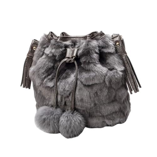 TOPPERFUN Fluffy Schultertasche Damen Modische Handtasche mit Kordelzug Weiche Plüsch Umhängetasche in Hellgrau Vielseitige Crossbody Tasche für Alltag Shopping und Freizeit von TOPPERFUN