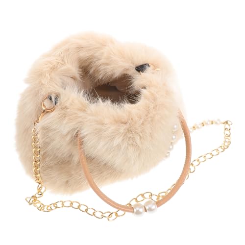 TOPPERFUN Große Kapazität Plüsch Handtasche Damen Fuzzy Tote Bag mit Perlenkette Stilvolle Winter Schultertasche Vielseitige Umhängetasche Beige für Alltag und Abendveranstaltung von TOPPERFUN