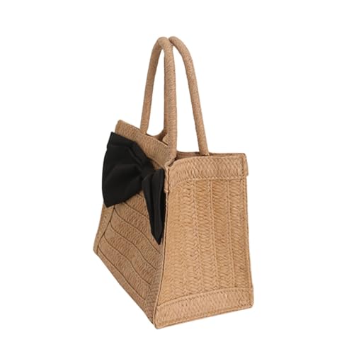 TOPPERFUN Handgefertigte Strohtasche mit Schleifen dekor Große Geflochtene Strand Einkaufstasche für Mädchen Robuste Handtasche für Alltag Urlaub und Shopping Braun von TOPPERFUN