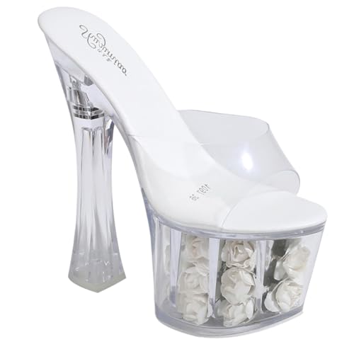 TOPPERFUN High Heels Sandalen Damen Wasserdichte Plateau Slippers mit Rutschfester Gummisohle PU Material Hochzeitsschuhe für Alltag und Party Weiß von TOPPERFUN