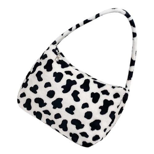 TOPPERFUN Plüsch Schultertasche Damen mit Kuhmuster Weiche Langlebige Umhängetasche mit Reißverschluss für Alltag Reisen Einkaufen und Party Modische Warme Armpouch Tasche von TOPPERFUN