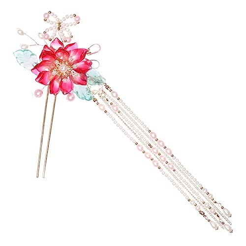 TOPPERFUN Roter Haarschmuck mit Quasten und Blumen Chinesischer Haarnadel Haarstab für Damen Vintage Accessoire zur Dekoration von Hochsteckfrisuren für Freundinnen und Familie von TOPPERFUN