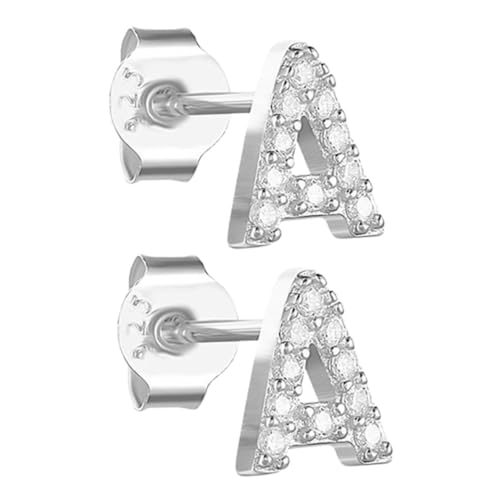 TOPPERFUN Silberfarbene Ohrstecker Damen Buchstaben A mit Zirkonia Kleine Allergiefreie Ohrschmuck Langlebige Ohrstecker für Alltag Hochzeit Geburtstag von TOPPERFUN