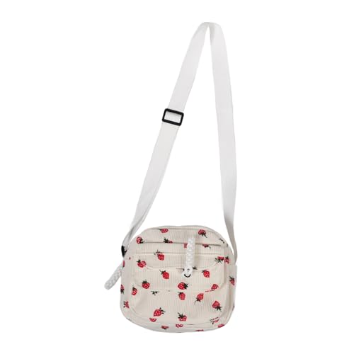 TOPPERFUN Strawberry Crossbody Bag Kleine Umhängetasche Damen Leicht Canvas Verstellbarer Schultergurt Vielseitig Reise Makeup Kosmetiktasche Weiß von TOPPERFUN