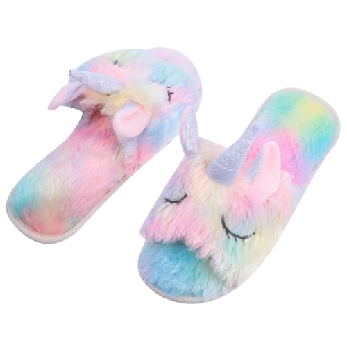 TOPPERFUN Unisex Einhorn Hausschuhe mit Offener Zehe Weiche Atmungsaktive Pantoffeln für Herbst Winter Rutschfest und Komfortabel Cozy Plüschslipper für Damen und Herren von TOPPERFUN
