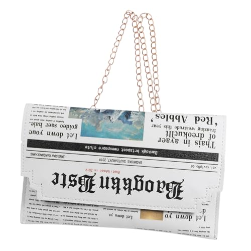 TOPPERFUN Weiße PU Damen Umhängetasche mit Zeitung print Modische Crossbody Schultertasche mit Kette Vielseitige Kleine Handtasche für Alltag Shopping und Reise Leicht und Praktisch von TOPPERFUN