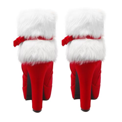 TOPPERFUN Winter Damen Kurzstiefel mit Dickem Absatz Rutschfeste Gummisohle Weihnachtlicher Plüsch Knöchelboot für Kalte Tage Rote High Heel Boots Komfortabel und Langlebig von TOPPERFUN