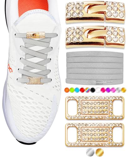 TOPPING STYLE Elastische Schnürsenkel ohne Binden mit glitzernden Diamant-Verschlüssen und Anhängern für Damen-Sneaker, 08 Hellgrau-Gold, 16*9*1 cm von TOPPING STYLE