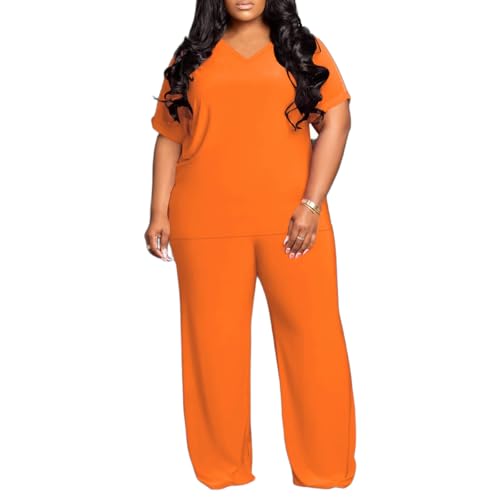TOPSRANI Damen-Lounge-Set in Übergröße, V-Ausschnitt, 2-teiliges Outfit, Trainingsanzug, kurze Ärmel, weite Beine, Orange V-Ausschnitt+Taschen 935, 5XL Große Größen von TOPSRANI