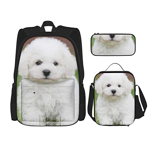 TOPUNY Bichon Frise Dog Printing Backpack Set 3 Pieces Lightweight Duffel Bag Insulated Lunch Bag Pencil Case von TOPUNY