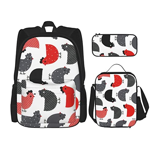 TOPUNY Creative Cartoon Chicken Printing Backpack Set 3 Pieces Lightweight Duffel Bag Insulated Lunch Bag Pencil Case von TOPUNY