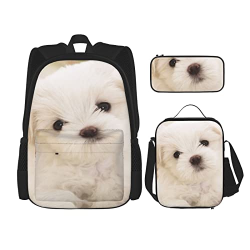 TOPUNY Cute Maltese Puppy Printing Backpack Set 3 Pieces Lightweight Duffel Bag Insulated Lunch Bag Pencil Case von TOPUNY