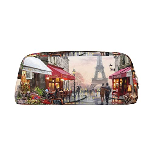 TOPUNY Oil Painting Paris Street Scene Eiffel Tower printing Pencil Case with Zipper Leather Pencil Holder Portable Stationery Bag von TOPUNY