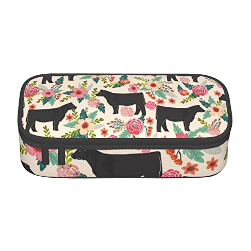 TOPUNY Pink Flower Show Steer Cows Cattle Printing Large Capacity Pencil Case, Pencil Pouch, Portable Stationery Bag, Multifunctional Organizer von TOPUNY