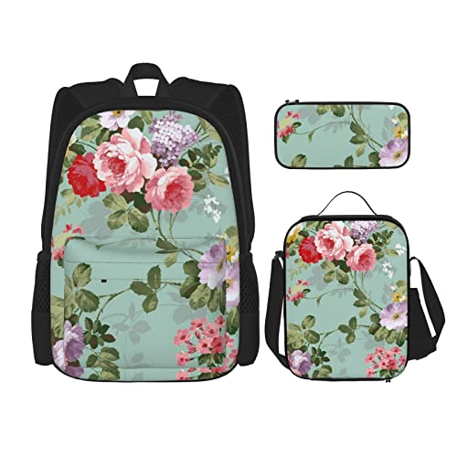 TOPUNY Vintage Floral Flowers Printing Backpack Set 3 Pieces Lightweight Duffel Bag Insulated Lunch Bag Pencil Case von TOPUNY