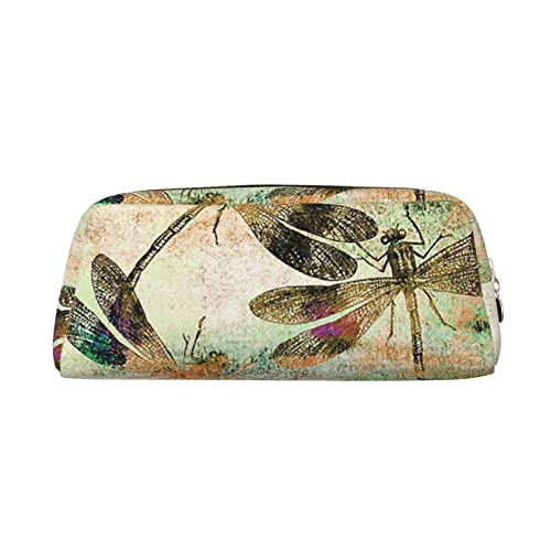 TOPUNY dragonfly dragonflies vintage printing Pencil Case with Zipper Leather Pencil Holder Portable Stationery Bag von TOPUNY