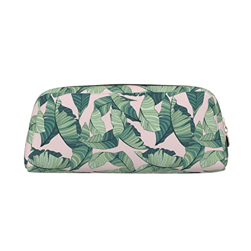 TOPUNY green palm tree leaves pink printing Pencil Case with Zipper Leather Pencil Holder Portable Stationery Bag von TOPUNY