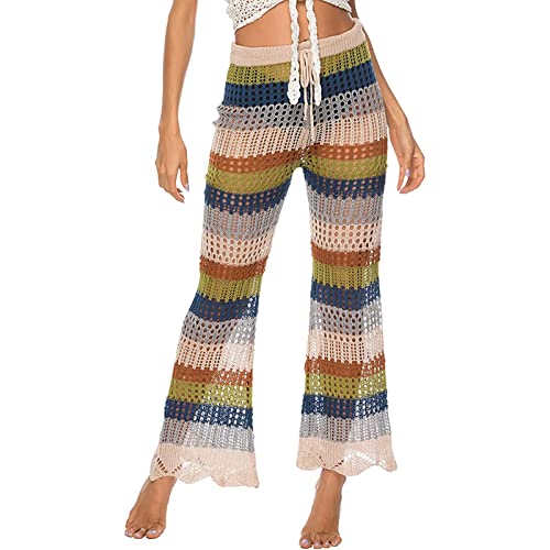 TOPURUN Strandhose Damen Sommer, Damen Mesh-Strandhose, Bikini Bottom Badeanzug Cover Up Pants Häkeln Stricken Hohe Taille Yoga Strandhose von TOPURUN