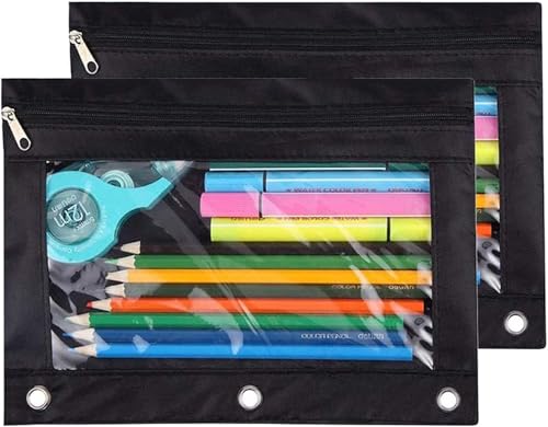 TOPWOOZU Federmäppchen mit 3 Ringen, Reißverschluss, Kosmetiktasche, Schwarz, 2 Stück TOPWOOZU Federmäppchen mit 3 Ringen, Reißverschluss, Kosmetiktasche, Schwarz, 2 Stück von TOPWOOZU