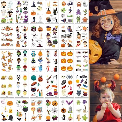 Halloween Tattoo Kinder, 30 Blätter Halloween Tattoos,Kindertattoos Aufkleber,Halloween Tattoo Kinder,Kindertattoo Halloween,Halloween Temporärer Tattoo Aufkleber,Halloween Tattoo Gesicht Kinder von TOPZFL