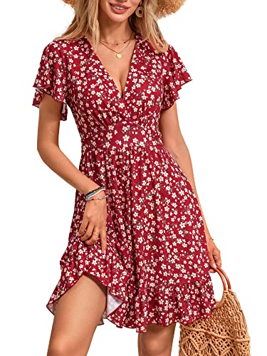 TORARY Damen 2023 Sommer Wrap V Ausschnitt Kleider Blumen Frühling Rüschen Swing A Linie Strand Kurzes Kleid, Ditsy Burgunderrot, Groß von TORARY