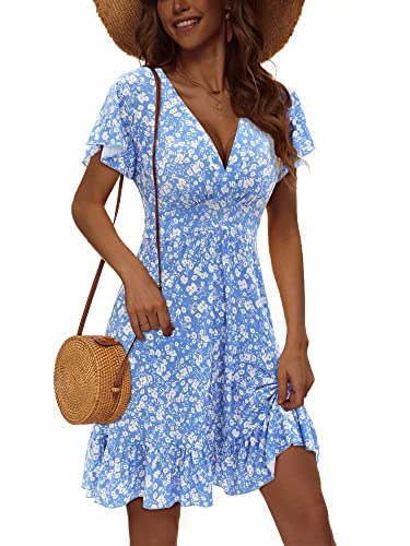 TORARY Damen 2023 Sommer Wrap V Ausschnitt Kleider Blumen Frühling Rüschen Swing A Linie Strand Kurzes Kleid, blau weiß Blume, Groß von TORARY