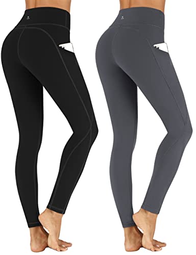 TOREEL Leggings mit hoher Taille, Yogahose mit Taschen, für Damen, Bauchkontrolle, Workout-Leggings mit 3 Taschen, Schwarz und Grau, Mittel von TOREEL