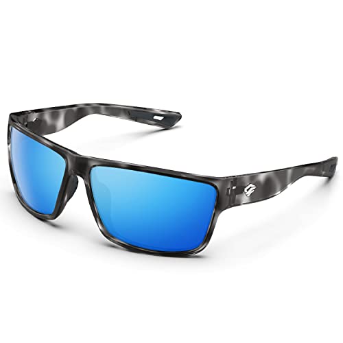 TOREGE Polarisierte Sport-Sonnenbrille für Damen und Herren, Radfahren, Laufen, Golf, Angeln, Sonnenbrillen, Bright Black Grey Schildkröte Frame & Ice Blue Lens von TOREGE