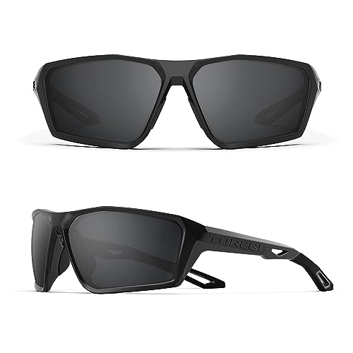 TOREGE Polarisierte Sport-Sonnenbrille für Männer und Frauen, Schießen, Radfahren, Laufen, Golf, Angeln, Sonnenbrille, langlebige Linse, Mattschwarzer Rahmen & graue Linsen von TOREGE