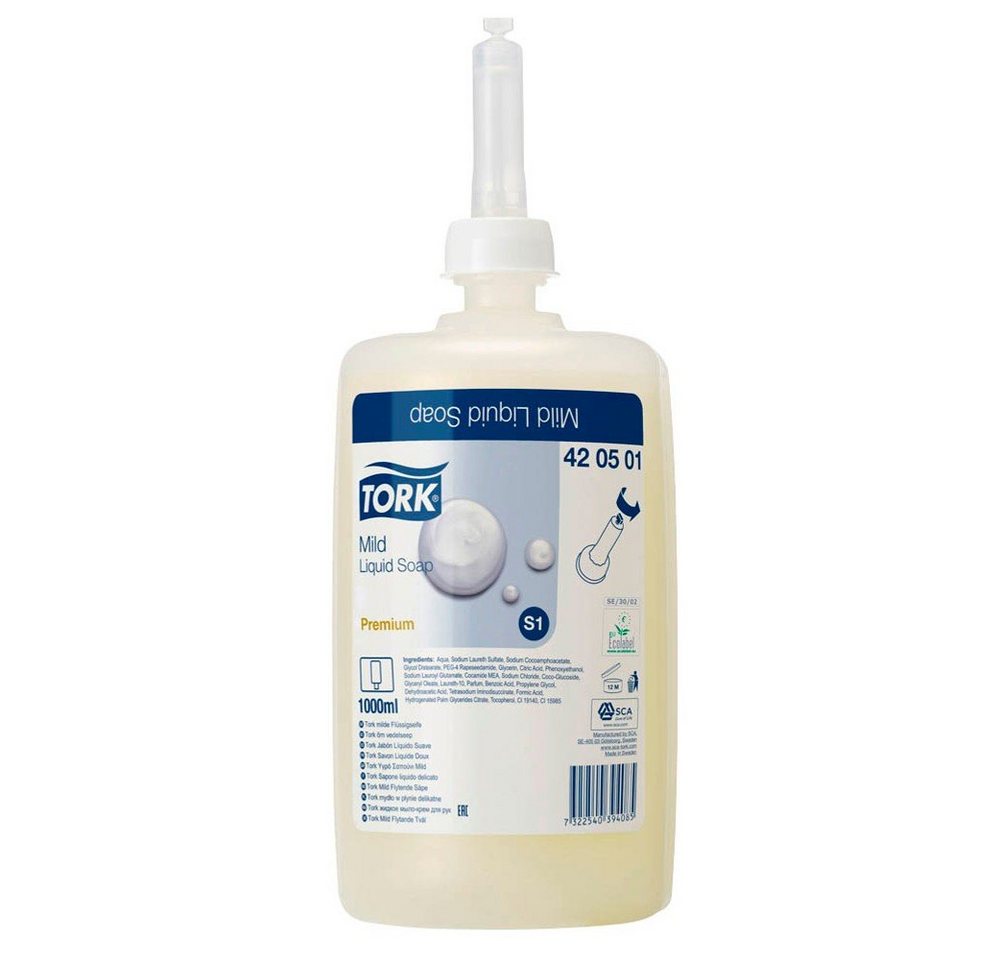TORK Flüssigseife 1 Liter Flüssigseife Mild-Duftend rückfettend Premium, Dermatologisch getestet, Rückfettend von TORK