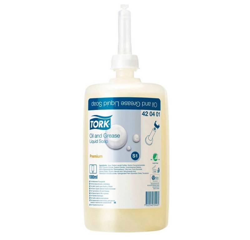 TORK Flüssigseife 1 Liter Flüssigseife Oil & Grease Liquid Soap Premium, Für Schmutzige, ölig-fettige Hände, Dermatologisch getestet TORK Flüssigseife 1 Liter Flüssigseife Oil & Grease Liquid Soap Premium, Für Schmutzige, ölig-fettige Hände, Dermatologisch getestet von TORK