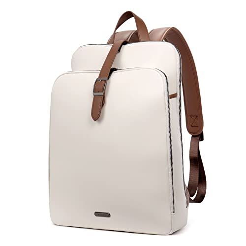 CLUCI Lederrucksack Damen Herren, Rucksack Echtleder Groß Laptoptasche für 15.6 Zoll Frauen Reisetasche Vintage Arbeitstasche Schultertasche Beige mit Braun von CLUCI