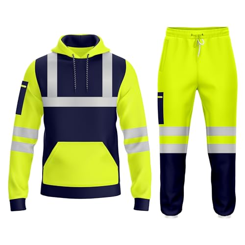 Herren Hi Viz Warnschutz-Pullover, Trainingsanzug, Taschen, Drwastring-Sweatshirt, Kapuzenpullover und Jogginghose, Sicherheits-Arbeitskleidung, komplettes Set, reflektierende Jogginghose, Gelb von TORO ACTIVA