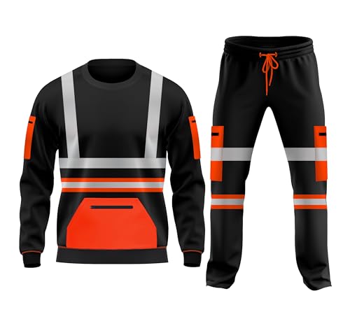 TORO ACTIVA Hi Vis Workwear Fleece Trainingsanzug Set Offener Saum Bündchen Hose Kordelzug Taschen Lange Ärmel Sweatshirt Saftey Top & Bottom Set, Orange Schwarz, XXL von TORO ACTIVA